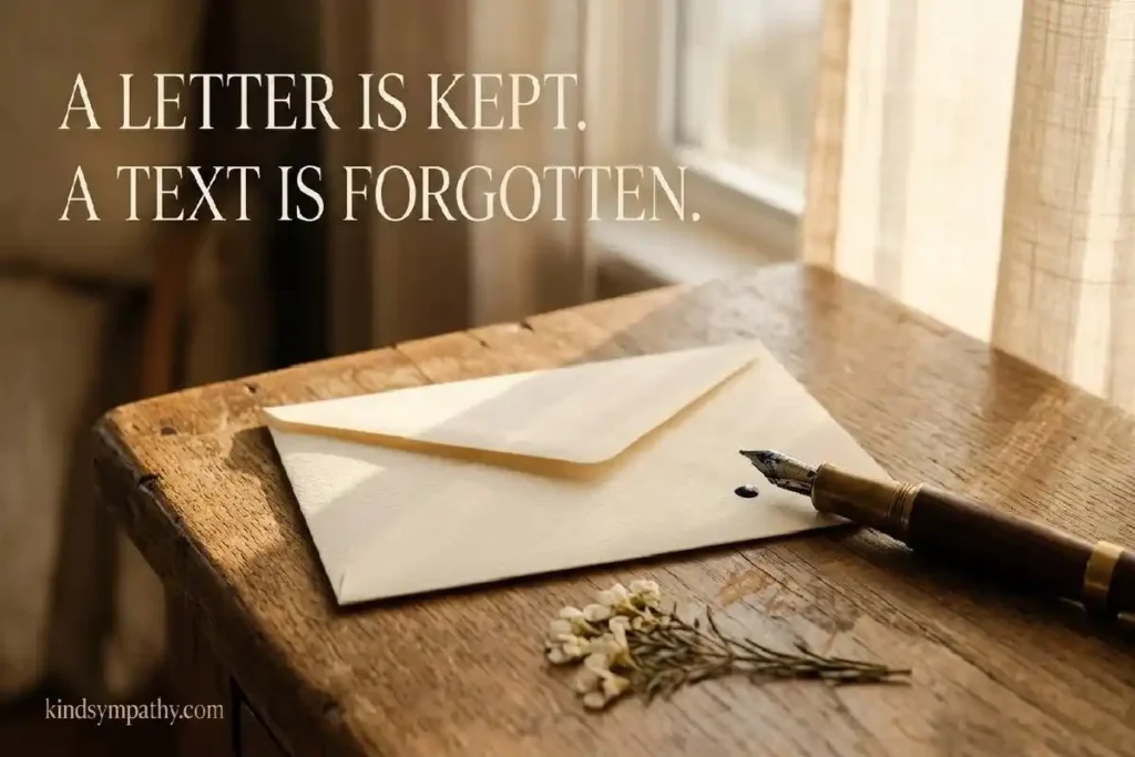 "Cream envelope and fountain pen on wooden writing desk in warm afternoon light representing why a condolence letter lasts longer than a card or text"
