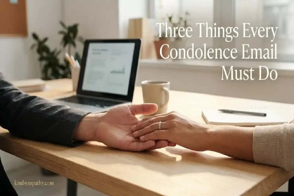 "Two hands in a gesture of professional support on a modern desk representing the three essential elements every condolence email must include"
