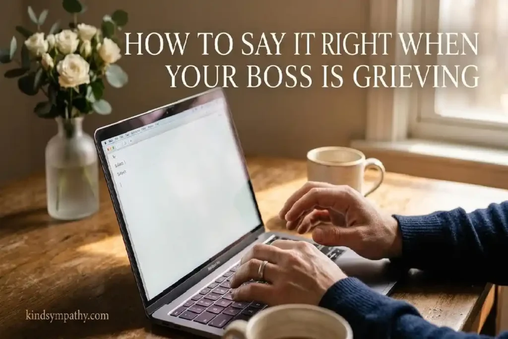 "Professional hands hovering over laptop keyboard writing a condolence email to manager with white flowers in soft background"

