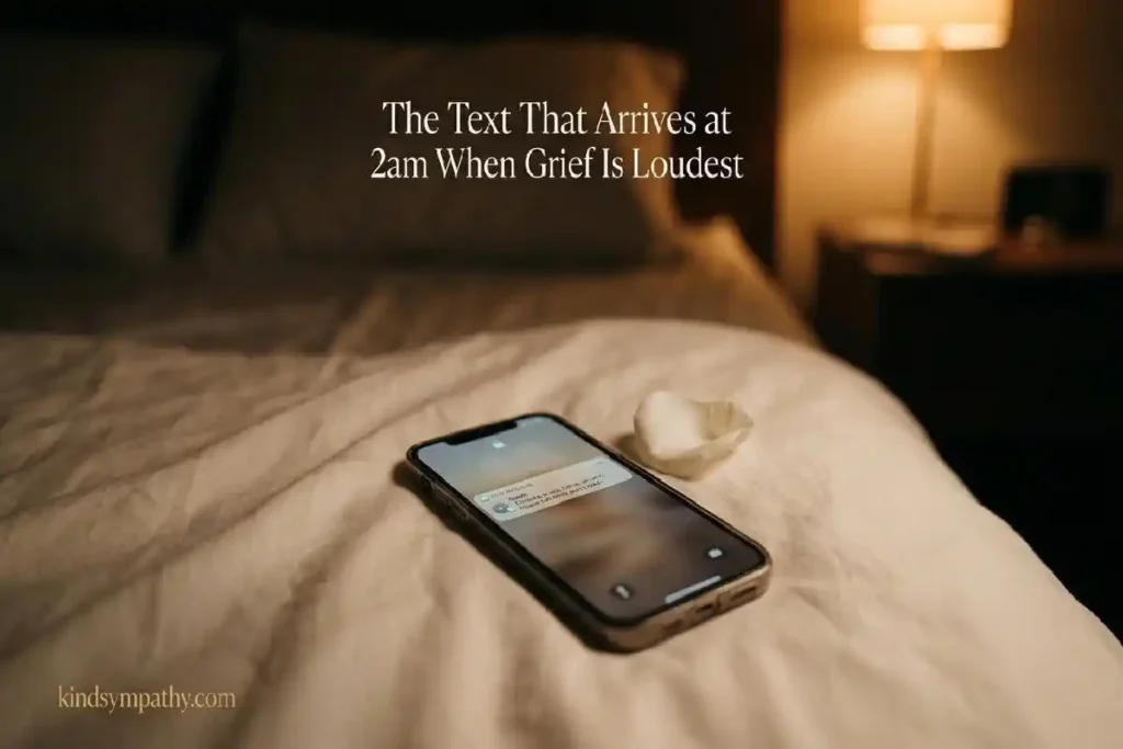 "Glowing smartphone on cream bedsheet at night with white flower petal representing a condolence text message arriving during grief"