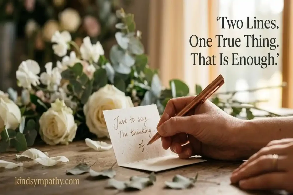 "Hand writing on small cream florist card with copper pen and white flowers blurred behind representing sympathy flower card message writing"

