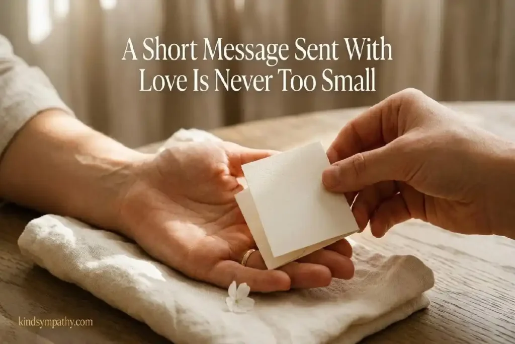 "Two hands exchanging a small sympathy card on cream linen surface representing what to write in a short sympathy card message"