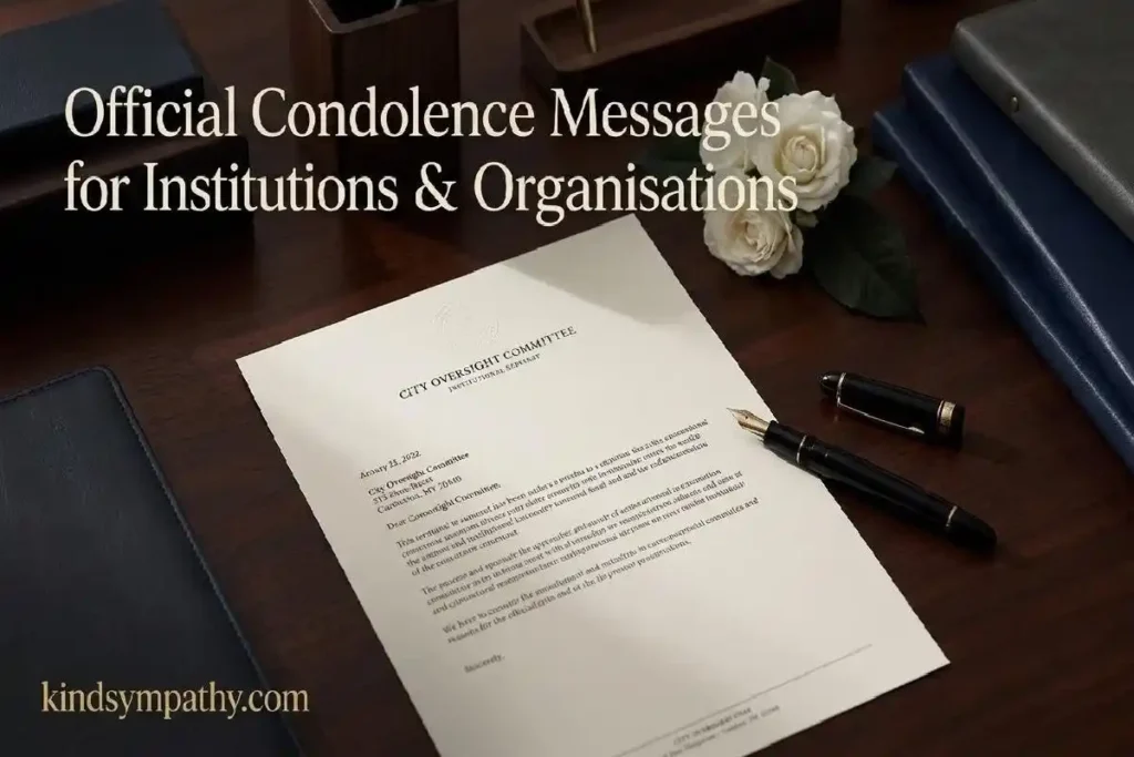 "Two professional hands with sealed formal letter on dark wood table representing the dignified register of formal condolence messages"