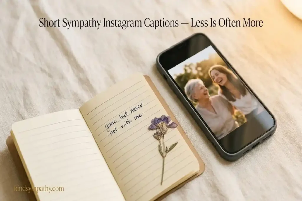 "Smartphone showing blurred photo beside handwritten notebook note on warm linen representing short sympathy Instagram captions for loss posts"
