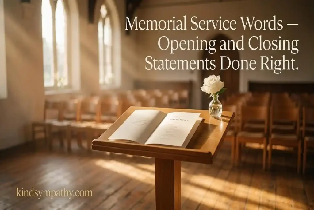 "Wooden lectern with open memorial service programme and white flower in warm ceremony room representing memorial service message templates for opening and closing words"
