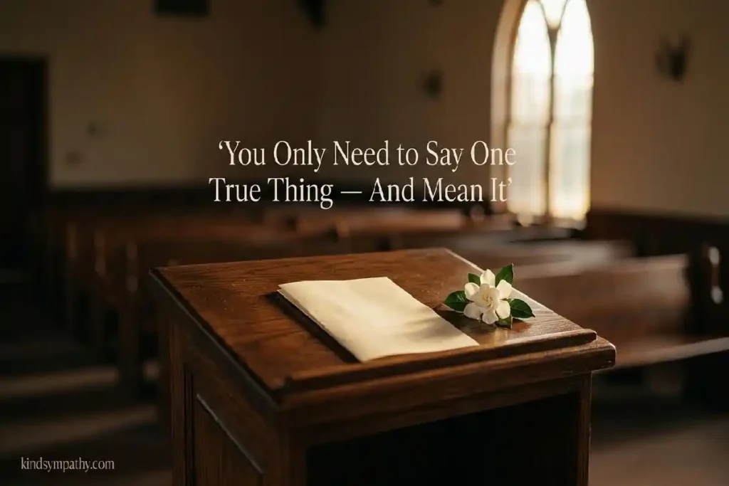 "Empty wooden podium with folded speech paper and white flower in warm memorial hall representing how to give a sympathy speech for funeral"
