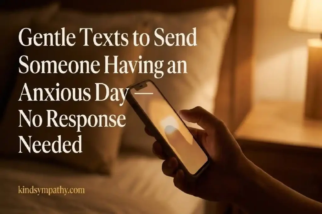 "Hand holding glowing smartphone in dim cozy bedroom representing gentle anxiety support text messages and checking in on someone with anxiety"
