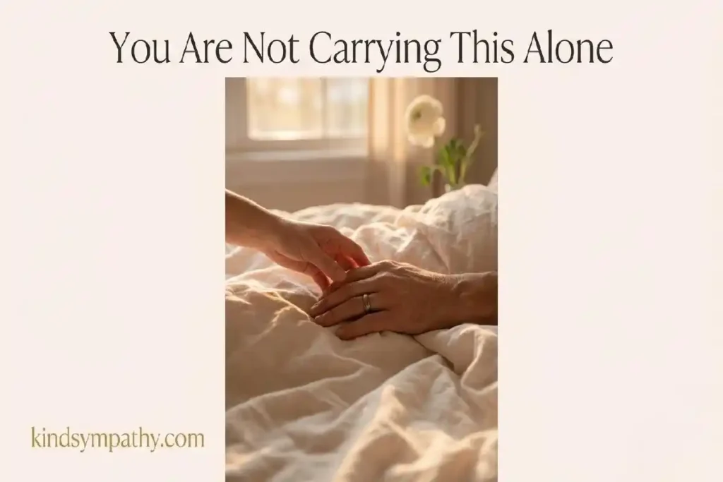 "Two hands holding gently on cream bedsheets representing miscarriage support messages and quiet presence for someone grieving pregnancy loss"

