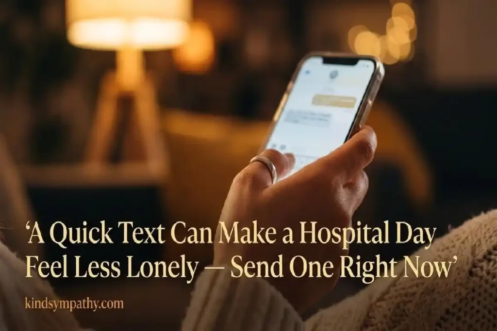 "Hand holding glowing smartphone in warm home setting representing short hospital encouragement text messages and reaching out to someone in hospital"
