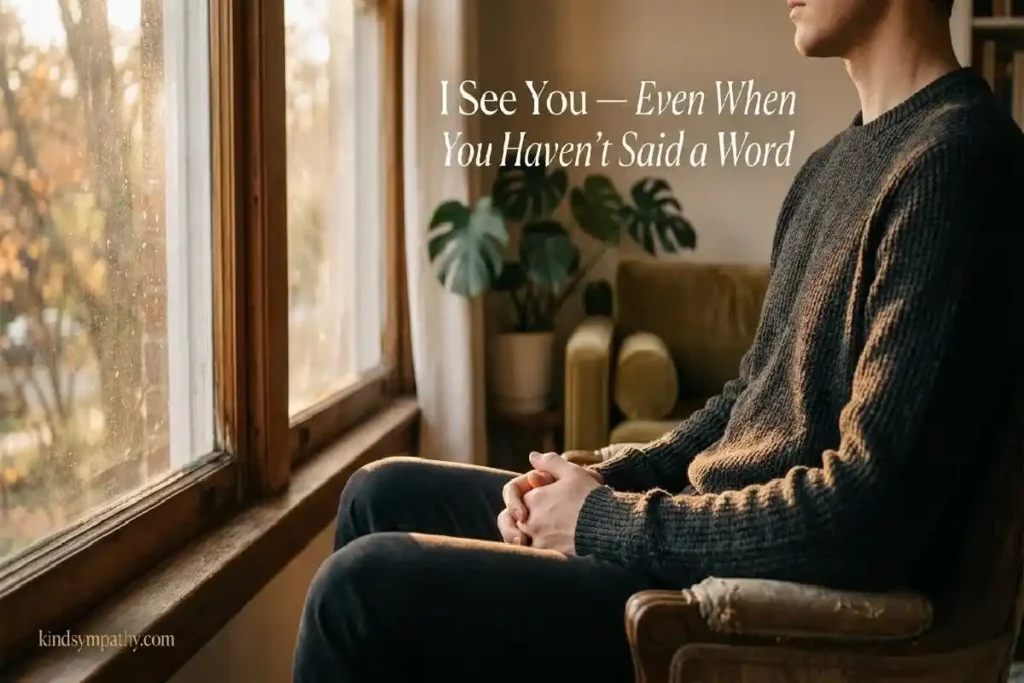 "Person sitting alone by window with hands folded representing I see you struggling messages and quiet emotional support"
