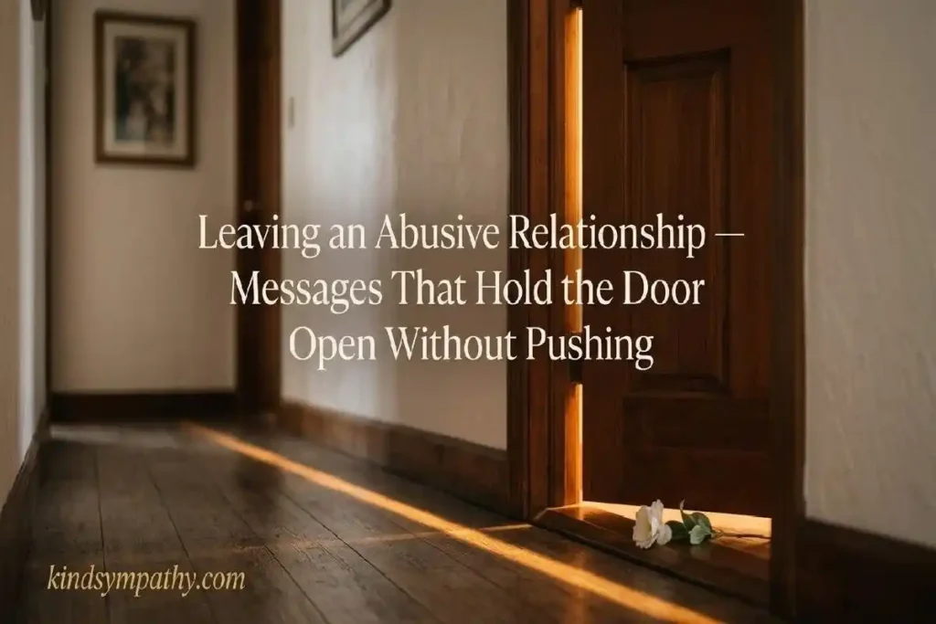 "Wooden door standing slightly ajar with warm amber light glowing through representing support messages for leaving an abusive relationship without pressure"
