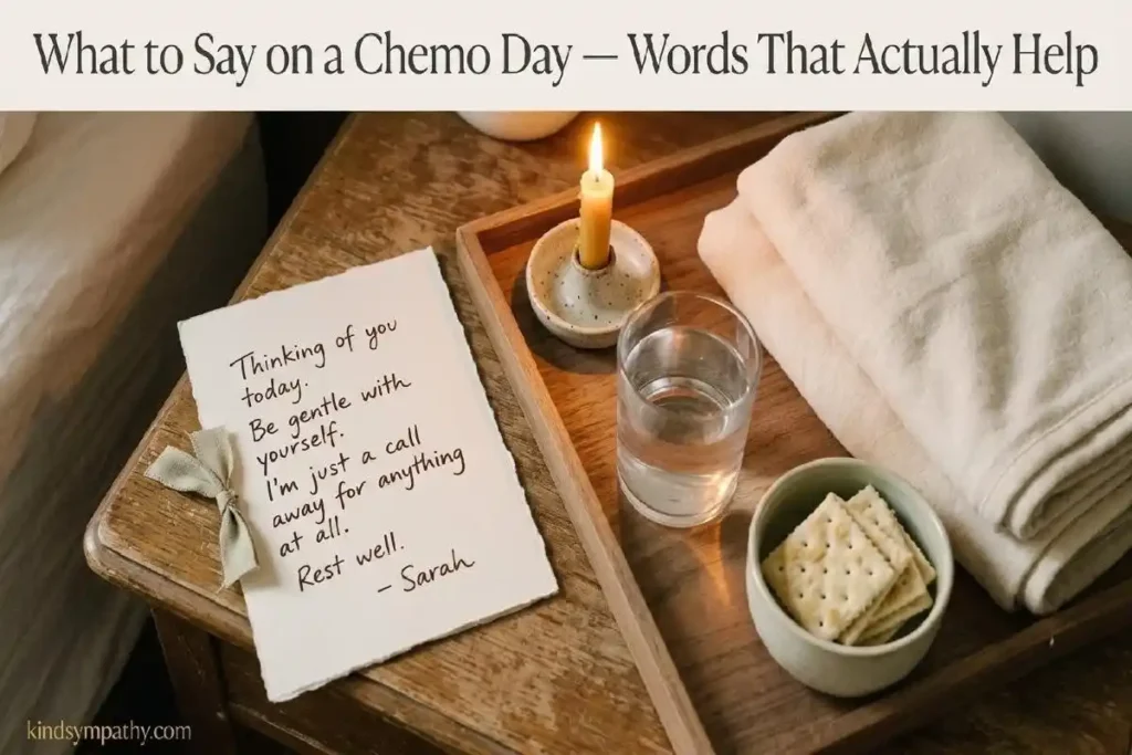 "Handwritten note beside candle and care tray representing chemotherapy support messages for hard treatment days"