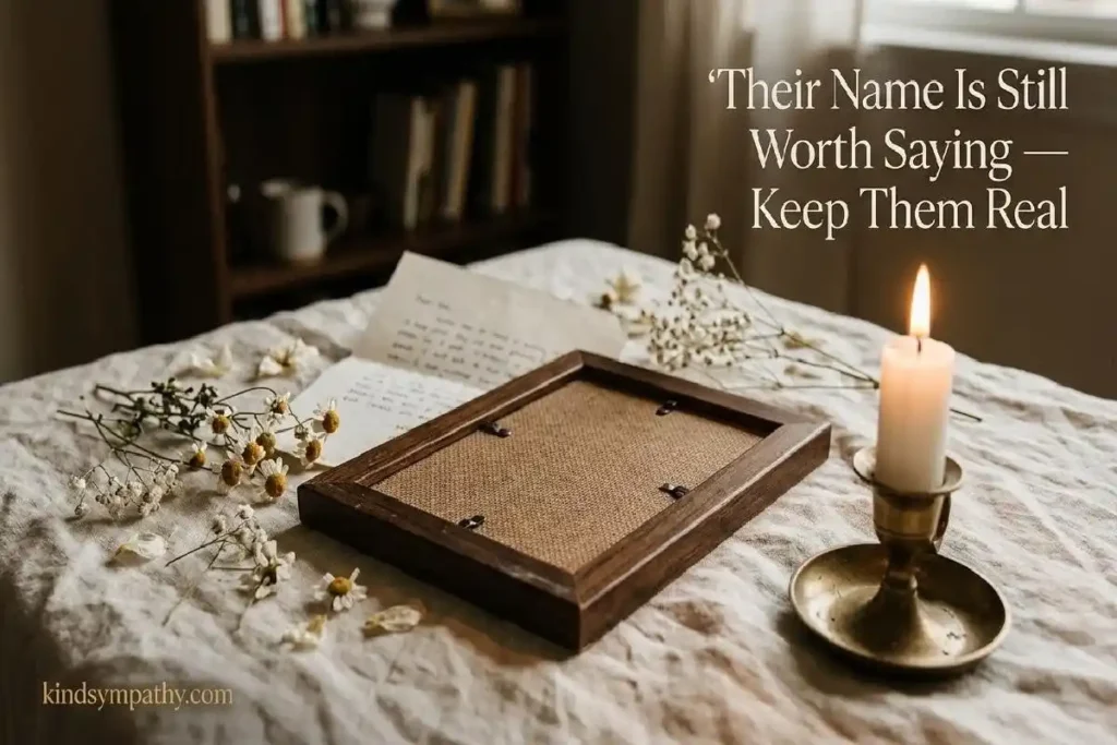 "Framed photograph face-down beside a lit candle and dried flowers representing grief messages that honour the person who was lost"