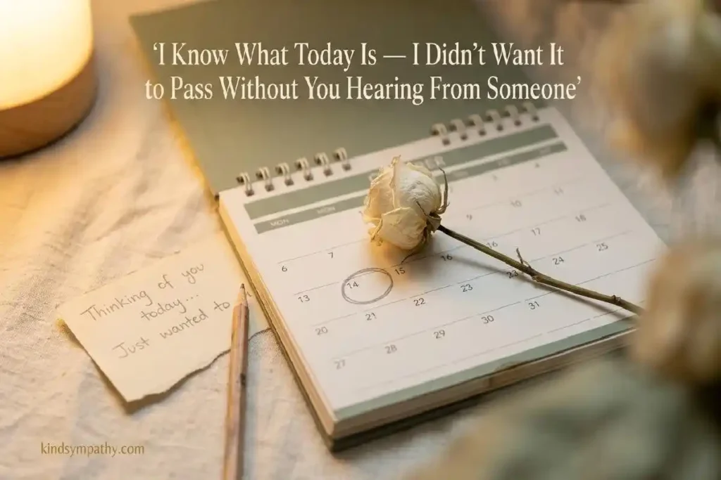 "Open calendar with circled date and dried white rose representing thinking of you messages for a grief anniversary"
