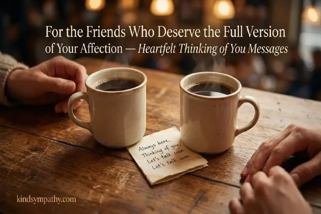 "Two coffee mugs with handwritten note on wooden café table representing heartfelt thinking of you messages for a close friend"
