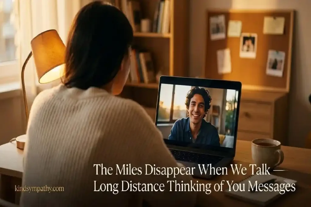 "Person video calling someone on a laptop in warm amber light representing long distance thinking of you messages and missing someone far away"
