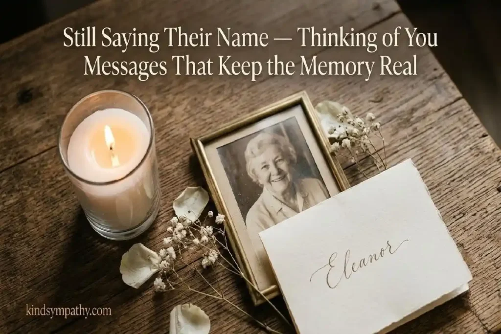 "Framed photograph with white candle and handwritten note on wooden surface representing thinking of you after loss messages that name the person who died"
