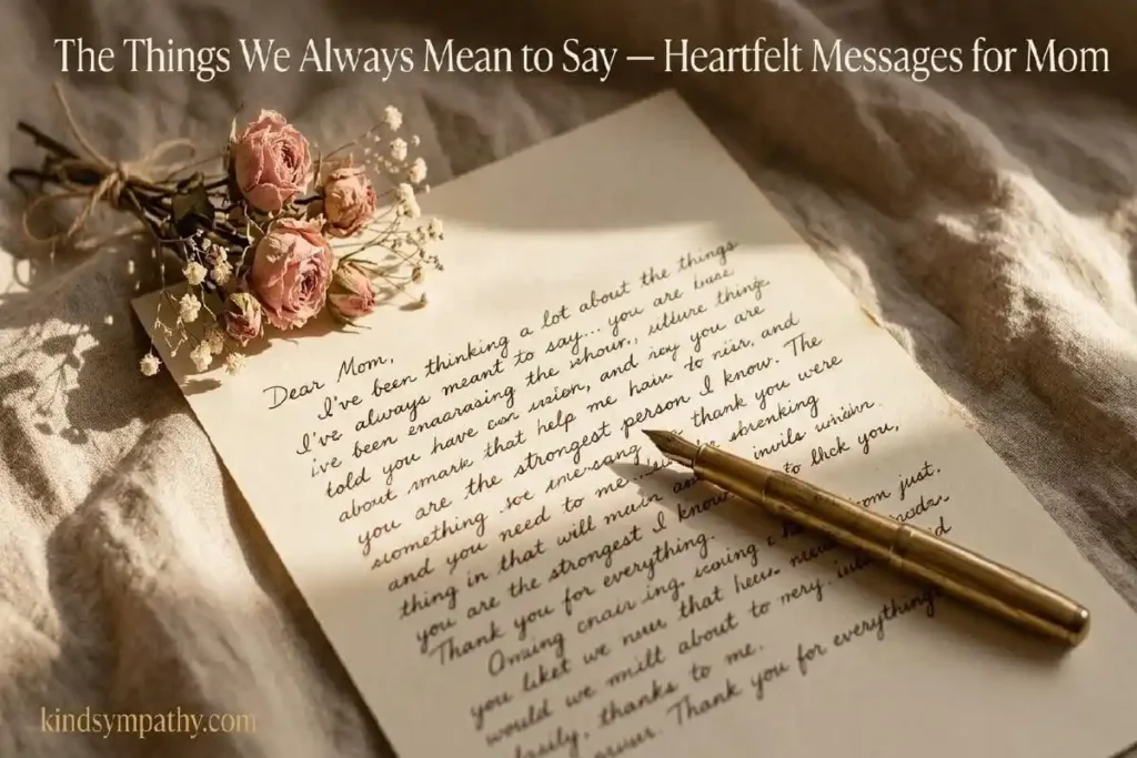"Open handwritten letter with dried blush roses and gold fountain pen on warm linen representing heartfelt deep thinking of you messages for mom"