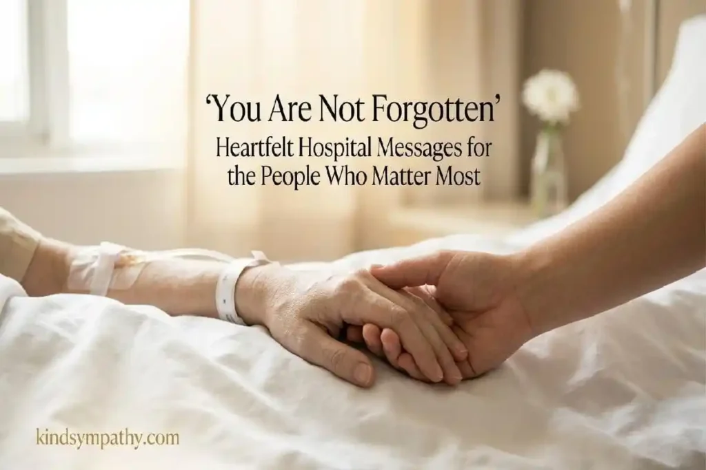 "Two hands holding gently on white hospital bedsheets with soft golden light representing heartfelt thinking of you messages for someone in hospital who matters most"

