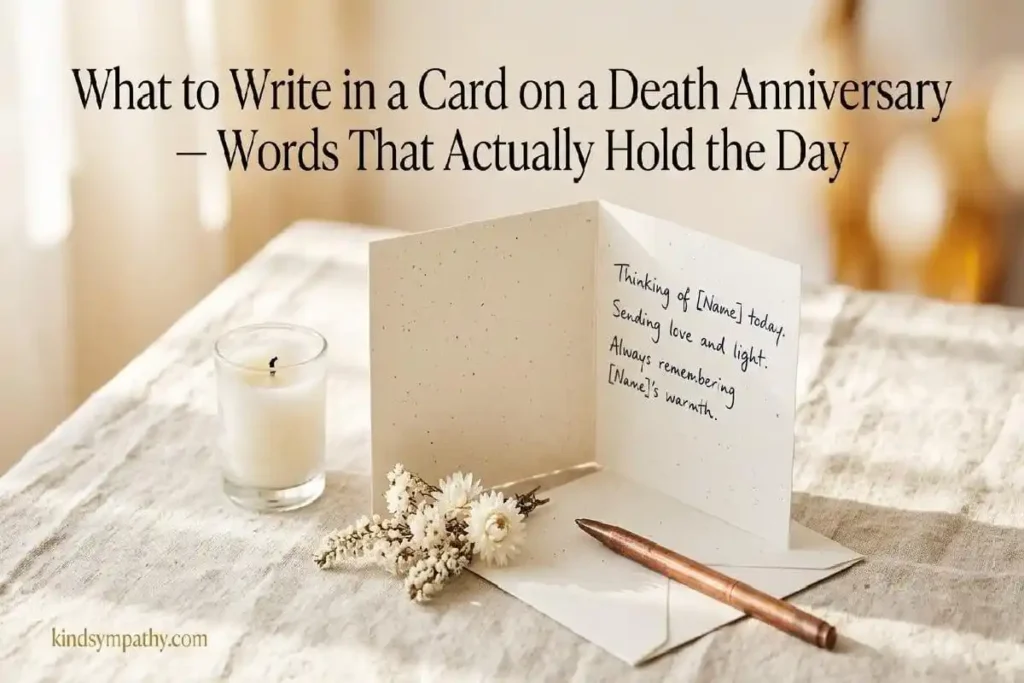 "Open handwritten letter with burning white candle and dried rose on cream linen representing anniversary of loss thinking of you messages that name the date and the person who died"
