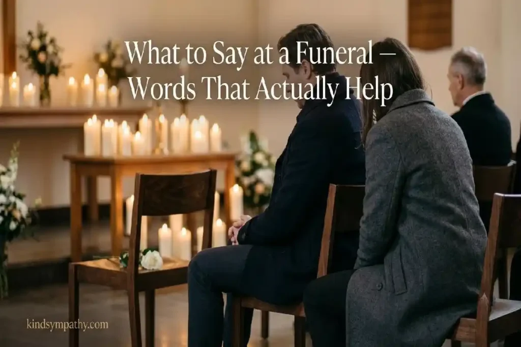 "Two people sitting together at a memorial service representing comforting things to say at a funeral to someone who lost a loved one"
