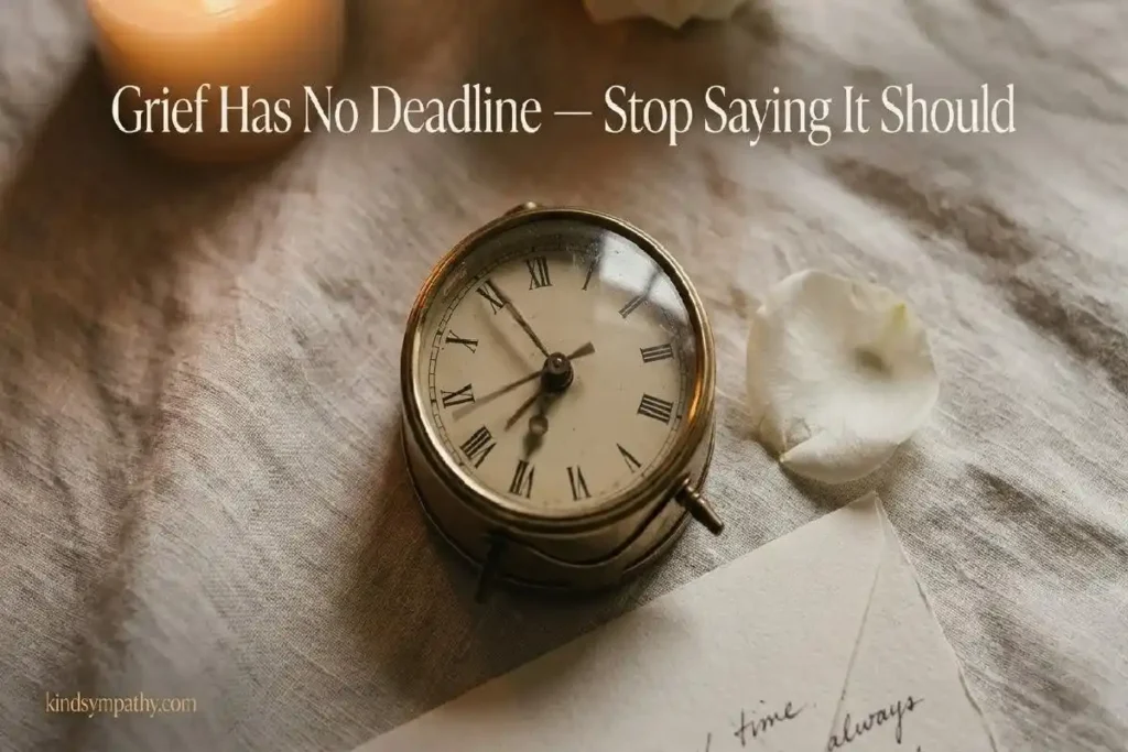 "Small analogue clock with white rose petal on cream linen representing the harmful grief phrases that rush grieving people with invisible timelines"
