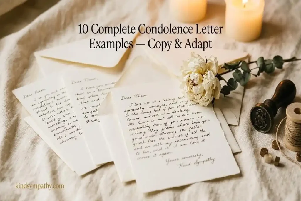 "Four handwritten condolence letters spread on cream linen with dried peony representing complete condolence letter examples to copy and adapt"

