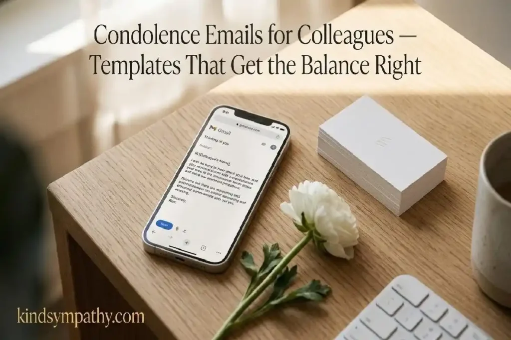 "Smartphone showing composed email with white ranunculus flower on modern desk representing condolence email templates for colleagues at work"

