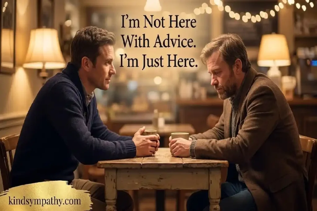 "Two men sitting at cafe table with coffee representing heartfelt support messages for a friend who was laid off"