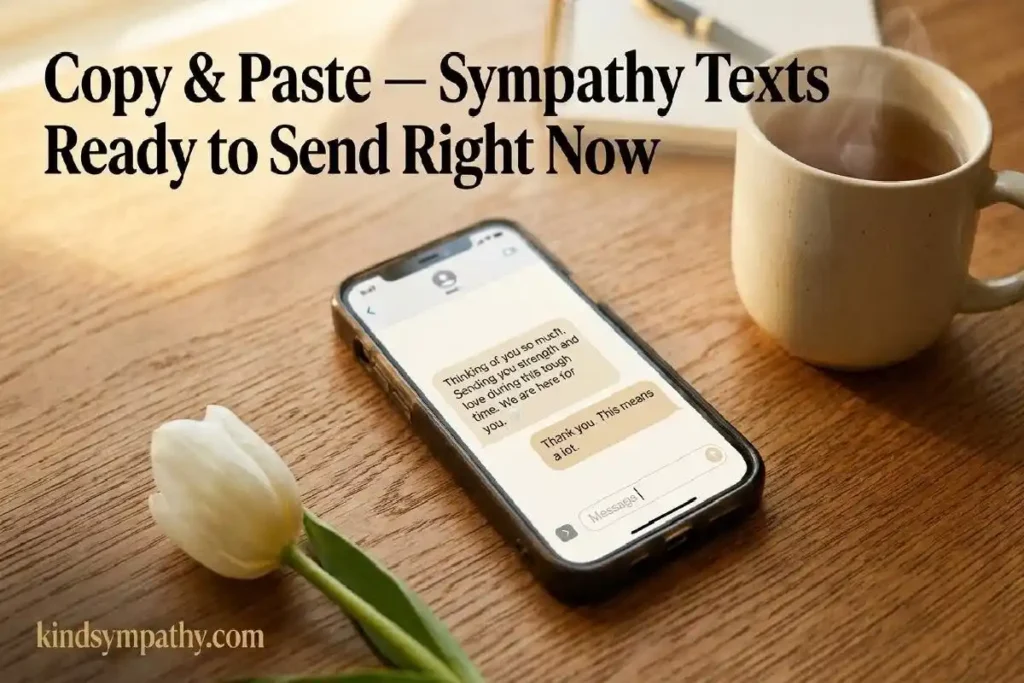 "Glowing smartphone with text message thread white tulip and tea mug on warm oak desk representing copy paste sympathy texts ready to send"