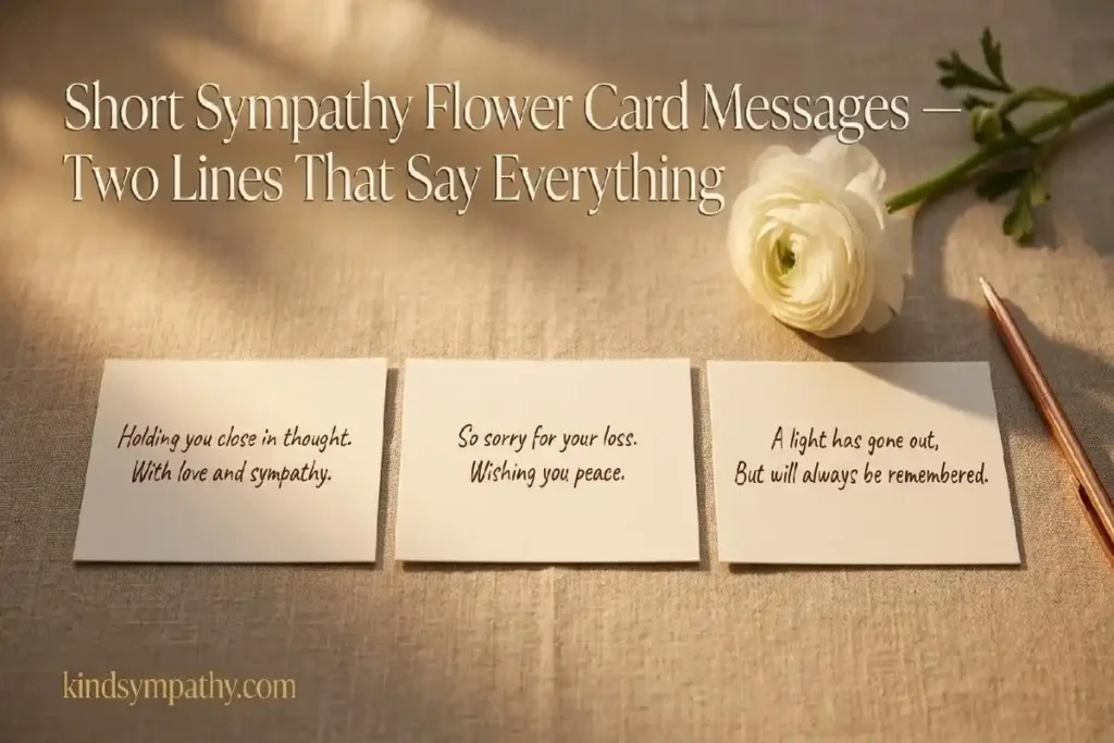 "Three small cream florist cards with short handwritten messages beside white ranunculus and copper pen on warm linen surface"
