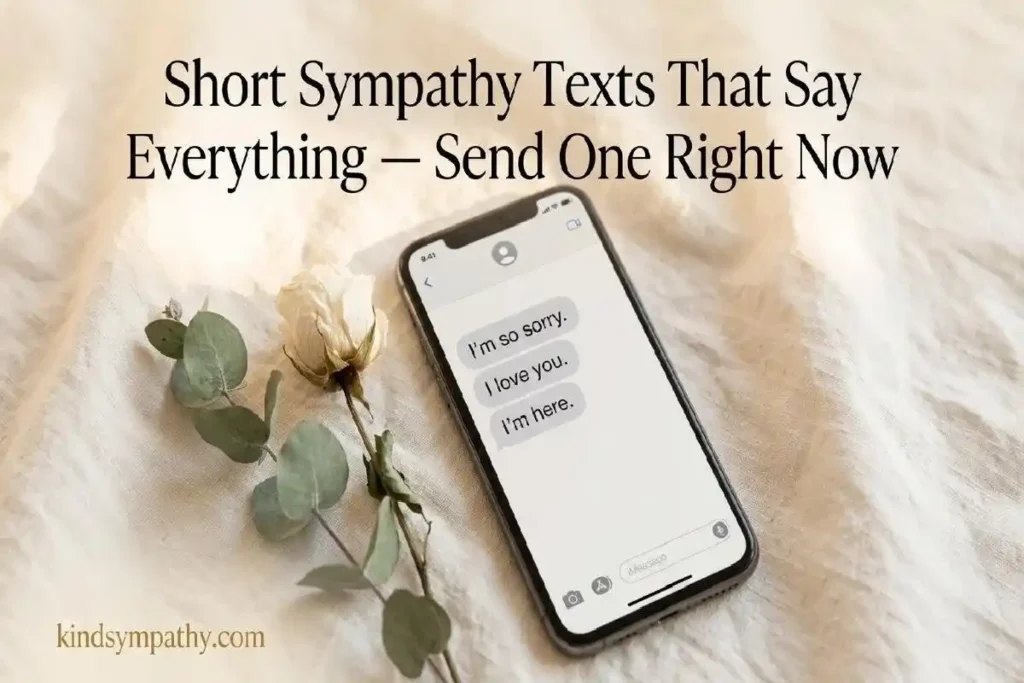 "Smartphone showing a short sympathy text message on warm linen surface representing brief condolence texts to send right now"