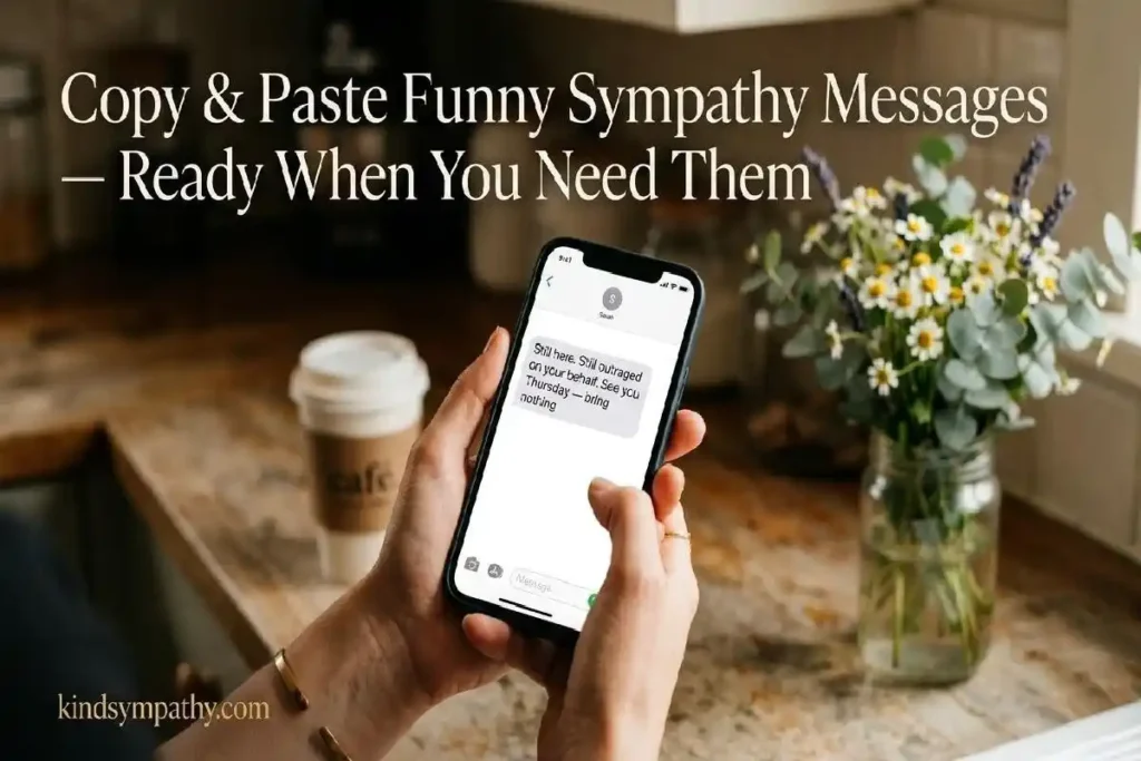 "Open greeting card with handwritten funny sympathy message and pen on warm linen surface representing what to write in a funny sympathy card"
