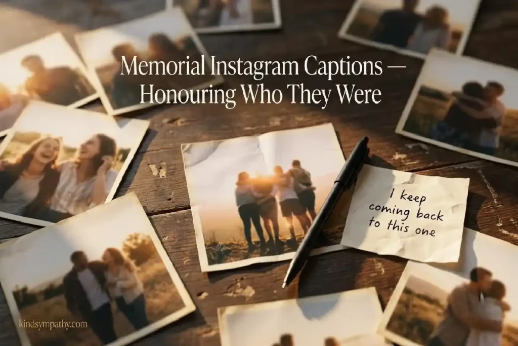 "Scattered printed photographs with pen and handwritten note on wooden surface representing memorial Instagram captions honouring a lost loved one"
