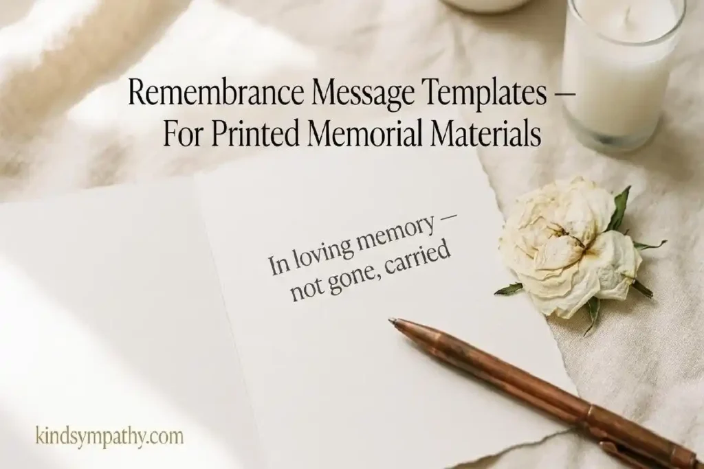 "Open printed memorial card with dried white rose and pen on warm linen surface representing remembrance message templates for printed memorial programmes and materials"
