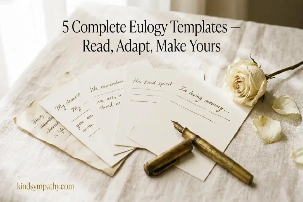 "Five handwritten note cards fanned on linen surface with dried rose representing five complete eulogy templates for every relationship"
