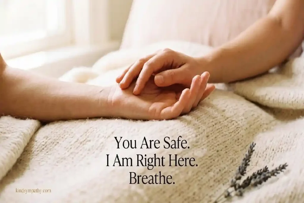 "Two hands resting gently together on cream blanket representing panic attack support words and calm presence during an anxious moment"
