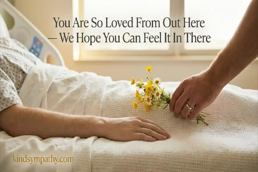 "Hand placing yellow wildflowers beside tired hand on hospital bed representing honest hospital encouragement messages and showing up for someone who is sick"
