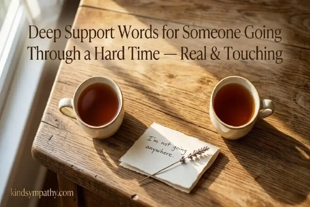 "Two mugs of tea with handwritten note on oak table representing deep support messages for someone going through a hard time"
