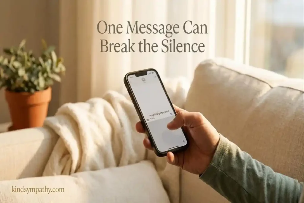 "Two people sitting together on a sofa with one hand on a shoulder representing personal mental health support messages for someone who is hurting"

