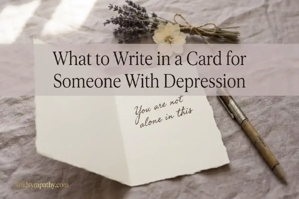"Open greeting card with handwritten message and dried lavender on linen representing what to write in a depression support card"