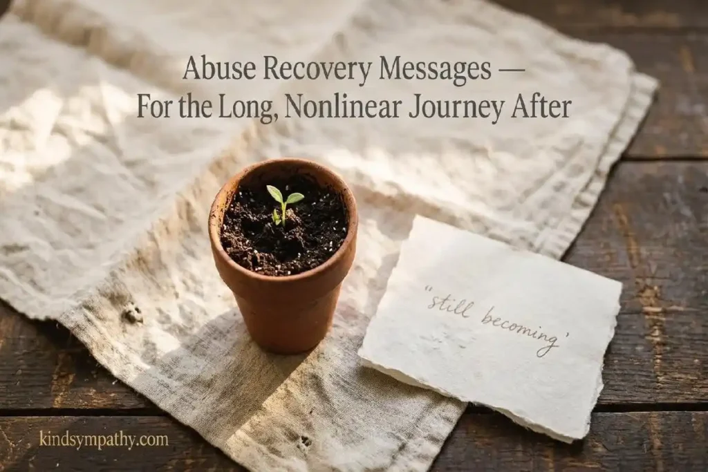 "Small potted plant with new growth beside a handwritten note on linen representing abuse recovery messages for the long journey after domestic violence"
