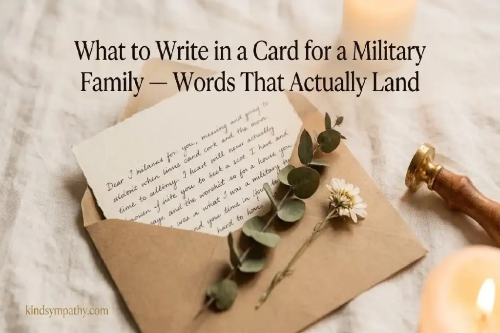 "Handwritten card in kraft envelope with dried flowers and gold wax seal on linen representing what to write in a military family support card"
