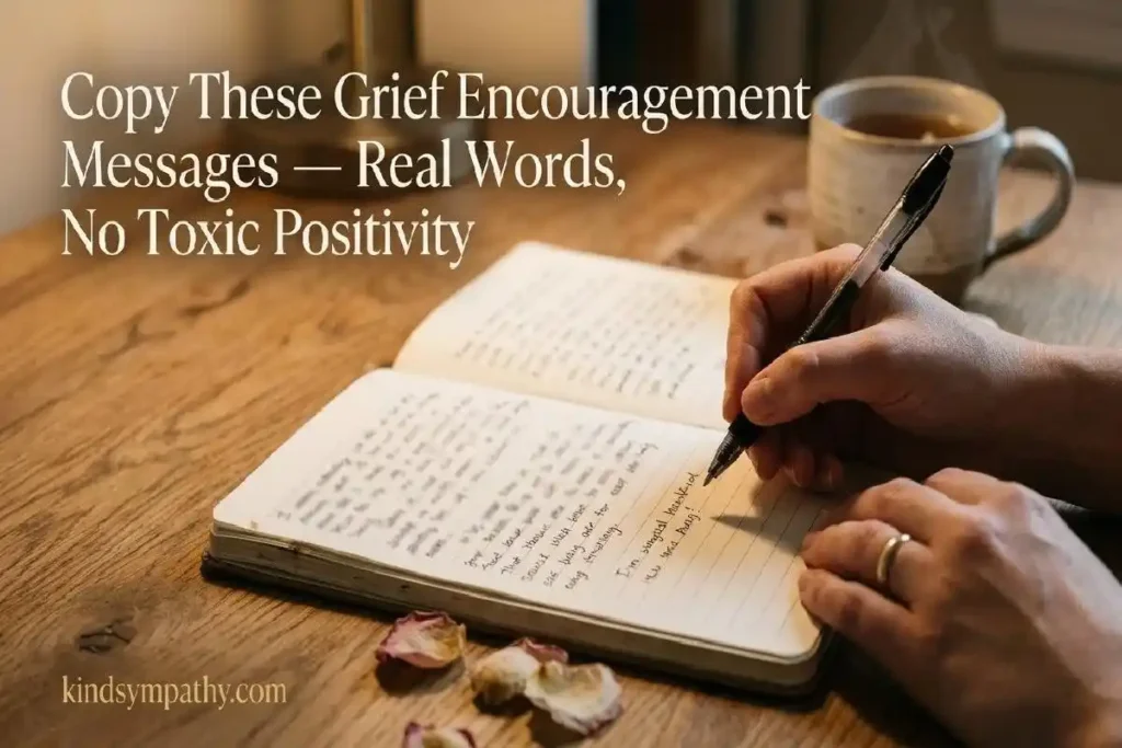 "Hand writing a grief encouragement message in a notebook beside a cup of tea representing copy and paste words of encouragement for a grieving person"