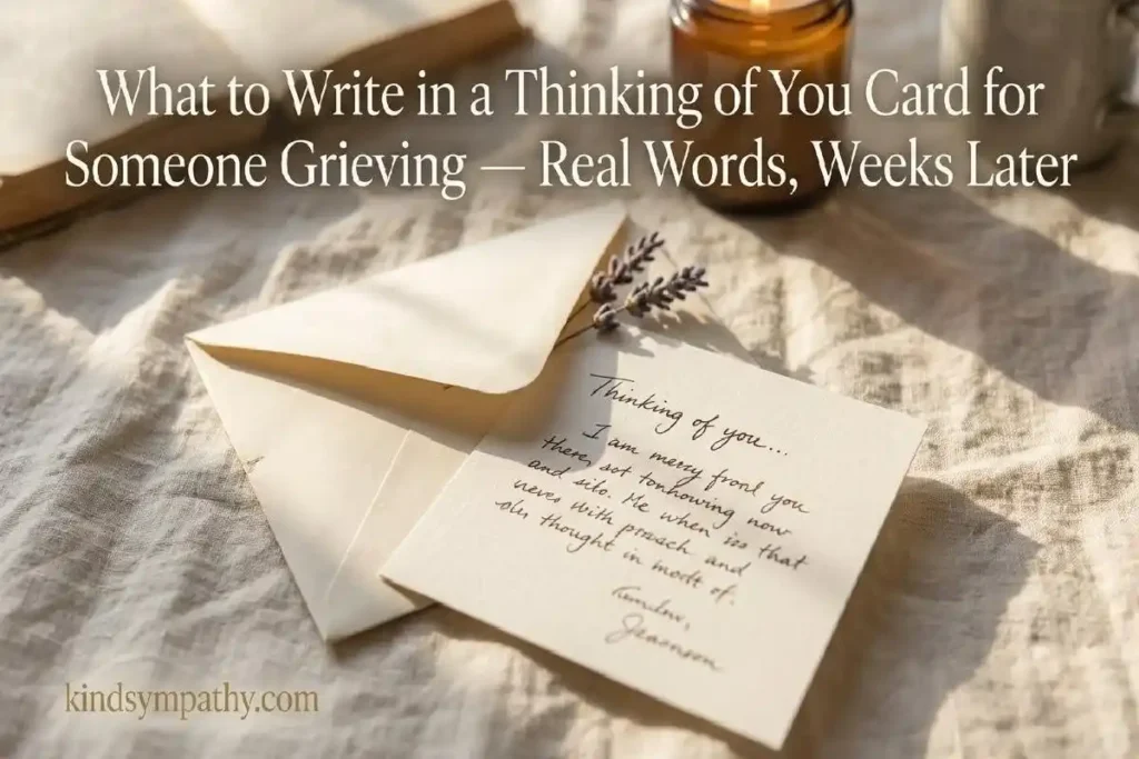 "Handwritten card pulled from envelope with dried lavender on cream linen representing what to write in a thinking of you grief card"
