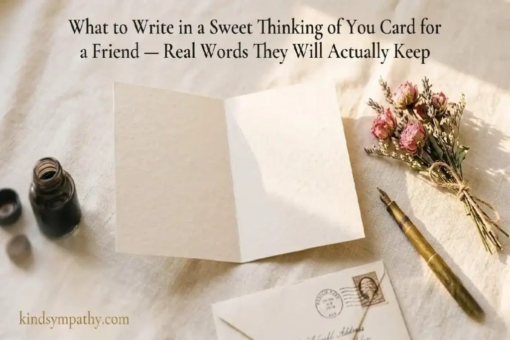 "Open greeting card with dried pink roses and brass pen on cream linen representing what to write in a sweet thinking of you card for a friend"
