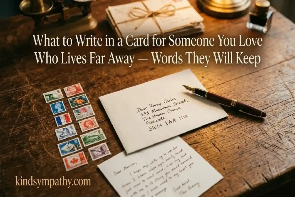 "Handwritten envelope with international stamps on wooden post office counter representing what to write in a long distance thinking of you card"
