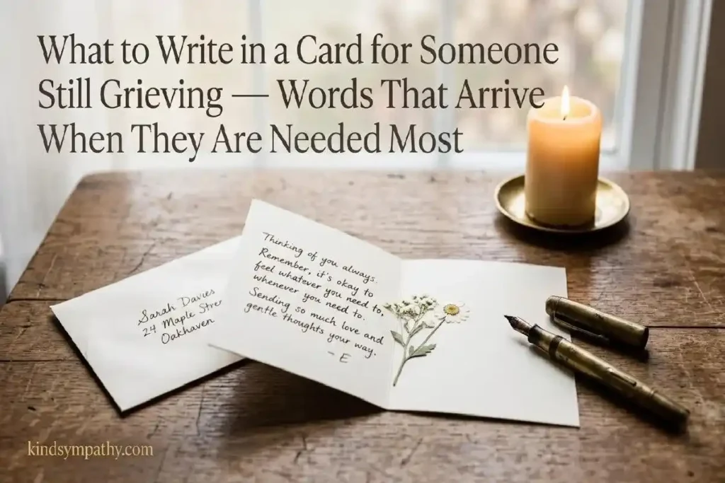 "Open handwritten card with pressed flower and envelope on wooden surface representing what to write in a bereavement thinking of you card months after loss"
