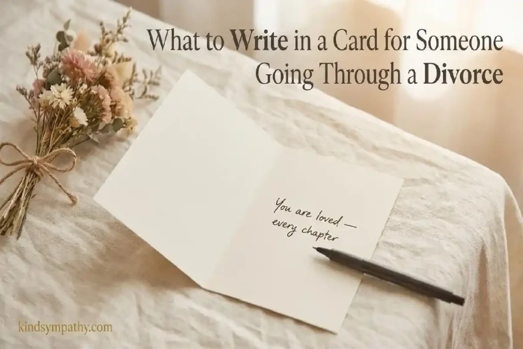 "Open greeting card with handwritten message and dried wildflowers on linen representing what to write in a divorce support card"