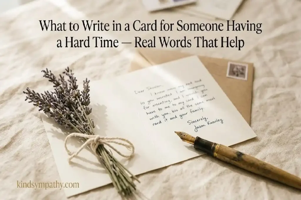 "Open handwritten greeting card with dried lavender and fountain pen on cream linen representing what to write in a thinking of you card for hard times"
